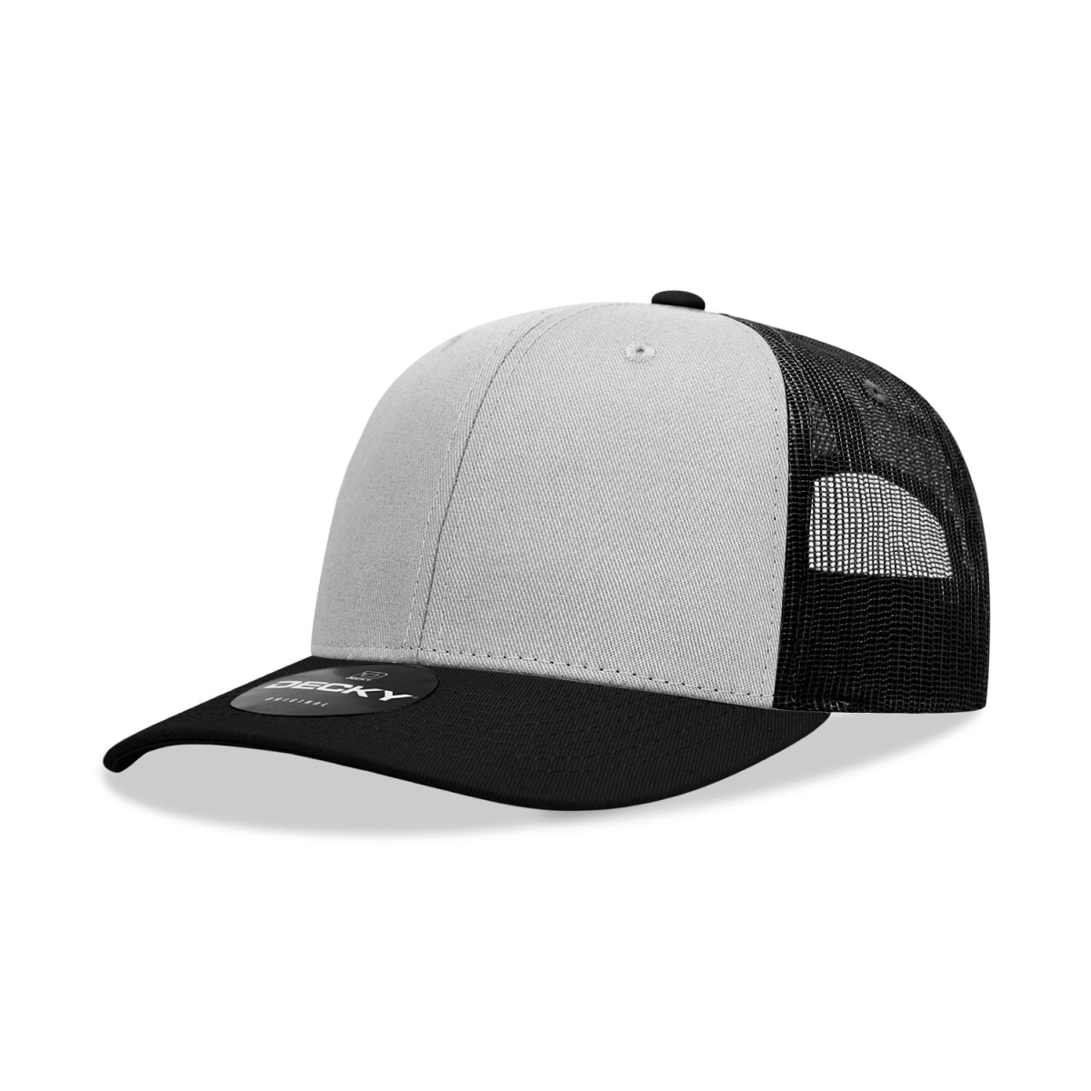 6021-5BLKGRYBLK 6 Panel Mid Profile Structured Cotton Blend Trucker Cap, Black & Gray - One Size Fits Most