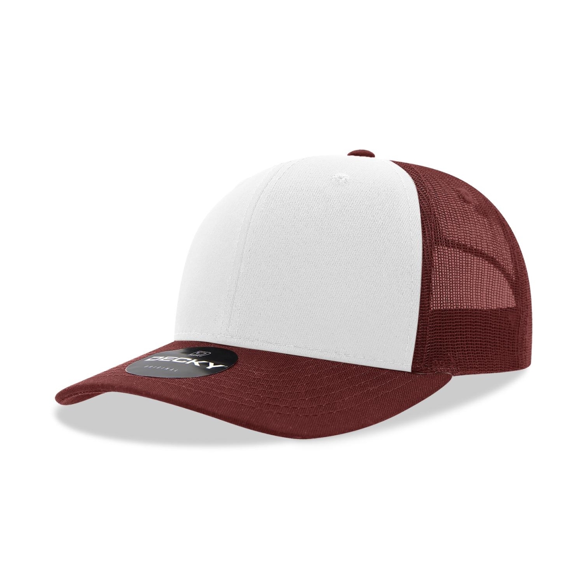 6021-5MARWHTMAR 6 Panel Mid Profile Structured Cotton Blend Trucker Cap, Maroon & White - One Size Fits Most