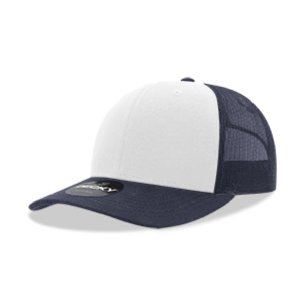 6021-5NVYWHTNVY 6 Panel Mid Profile Structured Cotton Blend Trucker Cap, Navy & White - One Size Fits Most
