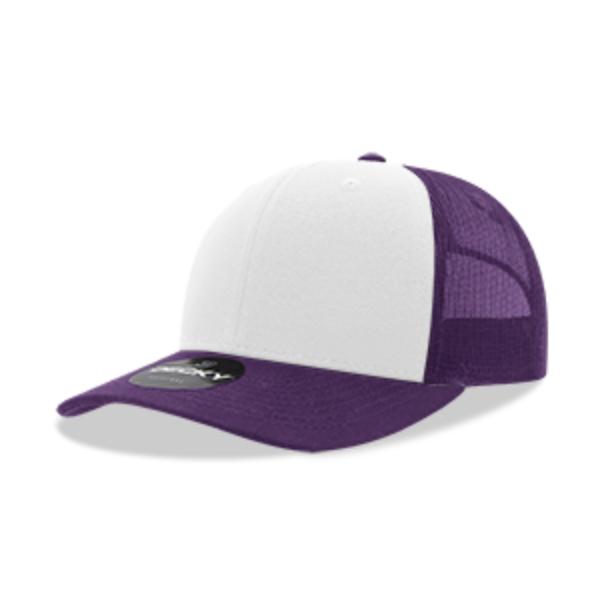6021-5PURWHTPUR 6 Panel Mid Profile Structured Cotton Blend Trucker Cap, Purple & White - One Size Fits Most