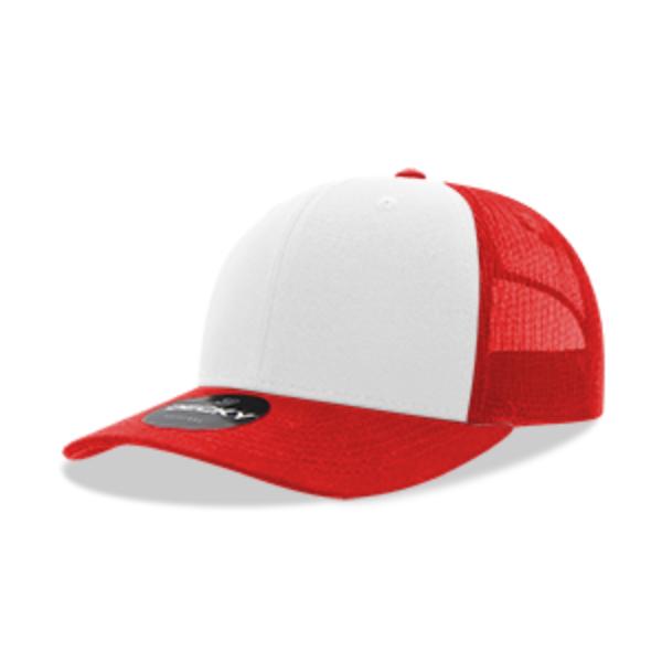 6021-5REDWHTRED 6 Panel Mid Profile Structured Cotton Blend Trucker Cap, Red & White - One Size Fits Most