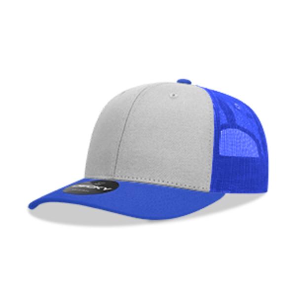 6021-5RYLGRYRYL 6 Panel Mid Profile Structured Cotton Blend Trucker Cap, Royal & Gray - One Size Fits Most