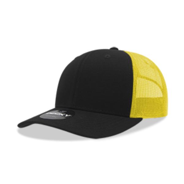 6021-4BLKYEL 6 Panel Mid Profile Structured Cotton Blend Trucker Cap, Black & Yellow - One Size Fits Most