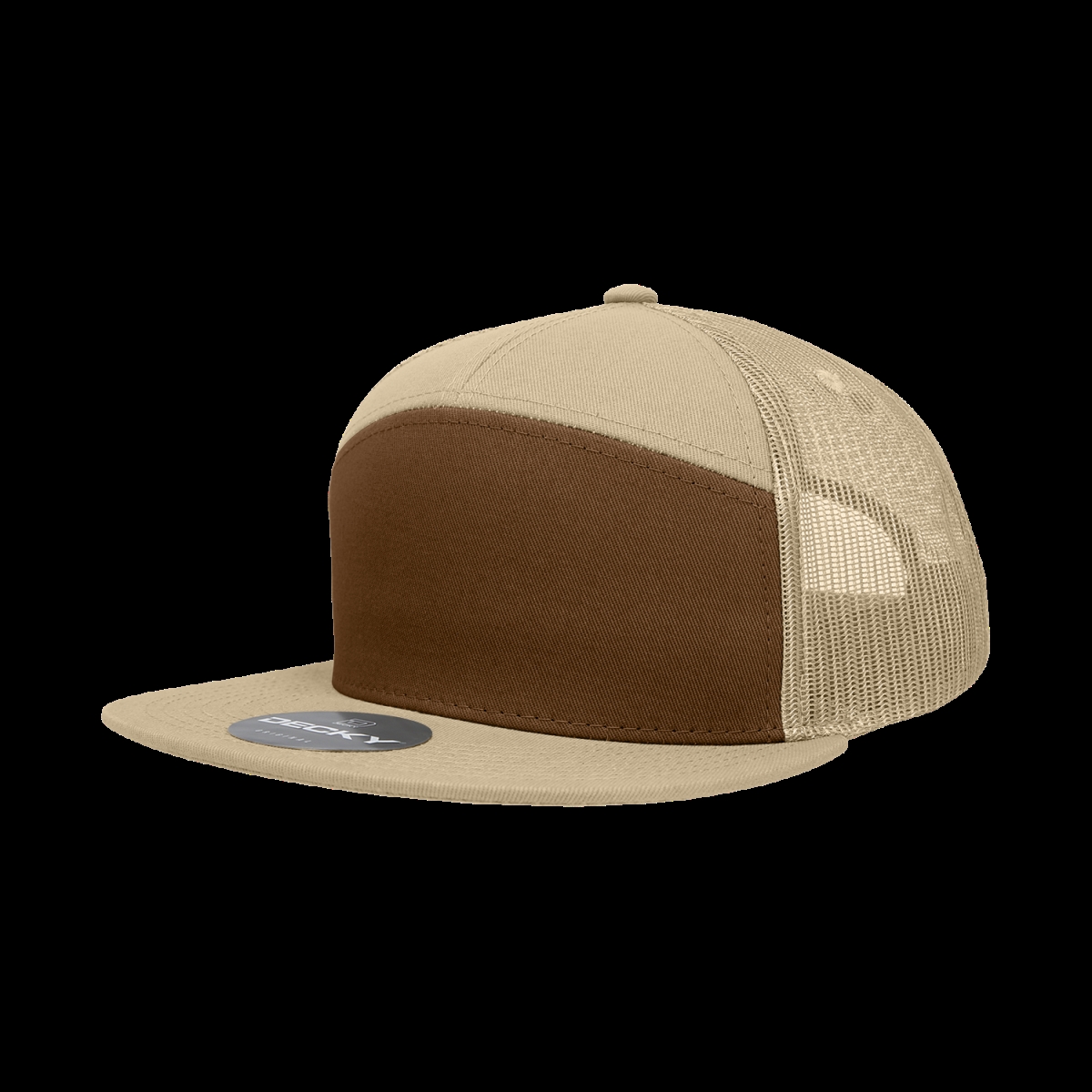 1133-BRNKHAKHA 7 Panel High Profile Structured Cotton Blend Trucker Cap, Brown & Khaki - One Size Fits Most
