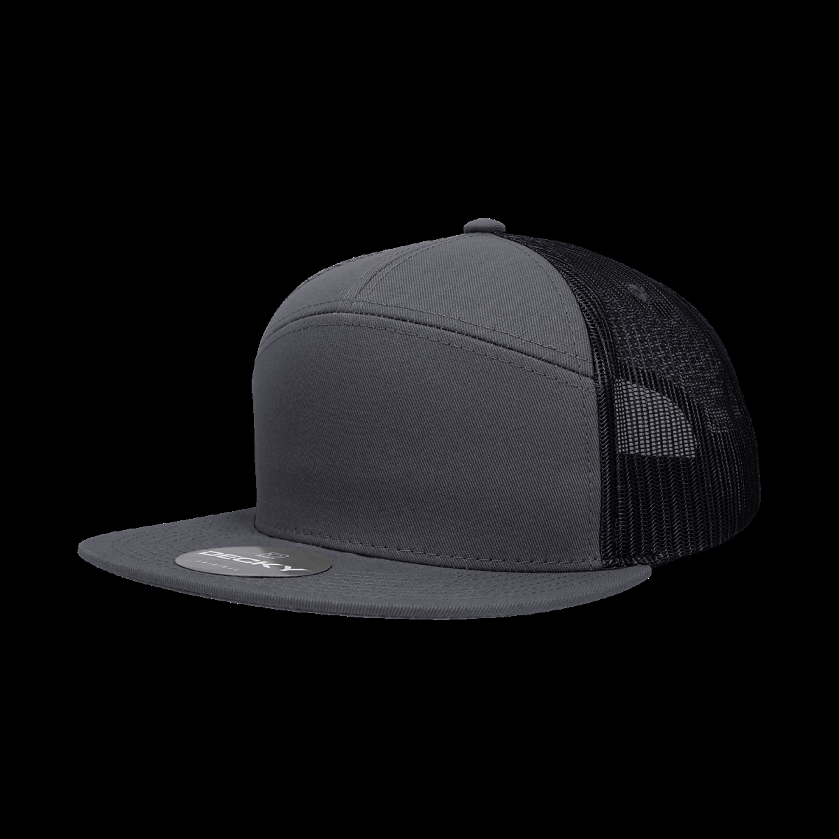 1133-CHACHABLK 7 Panel High Profile Structured Cotton Blend Trucker Cap, Charcoal & Black - One Size Fits Most