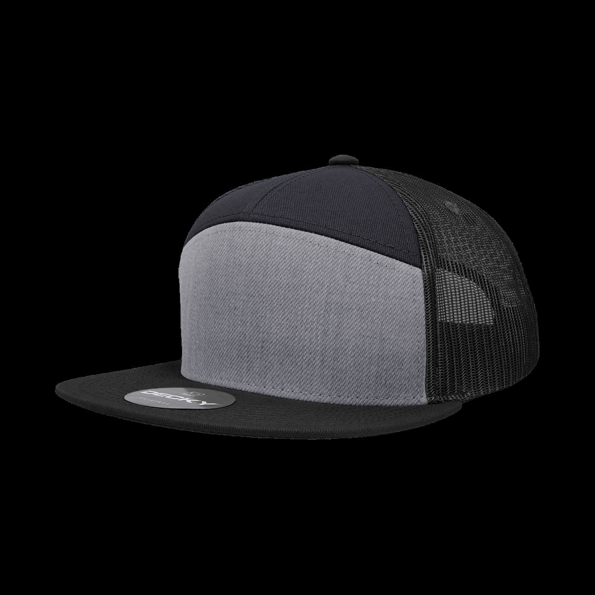1133-HGYBLKBLK 7 Panel High Profile Structured Cotton Blend Trucker Cap, Heather Grey & Black - One Size Fits Most