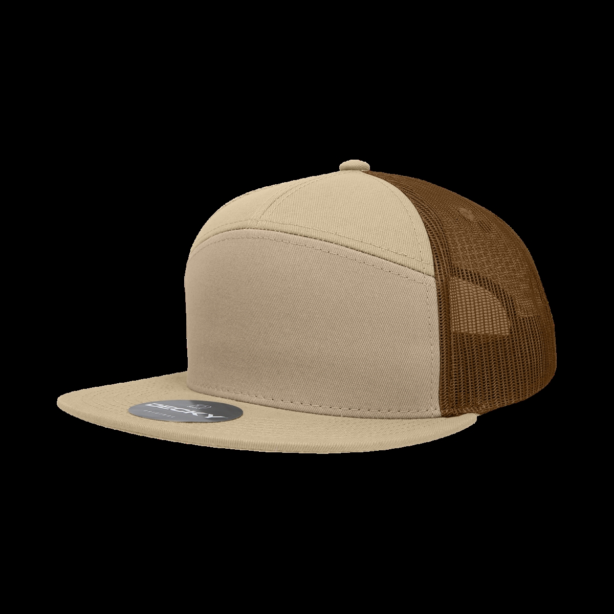 1133-KHAKHABRN 7 Panel High Profile Structured Cotton Blend Trucker Cap, Khaki & Brown - One Size Fits Most