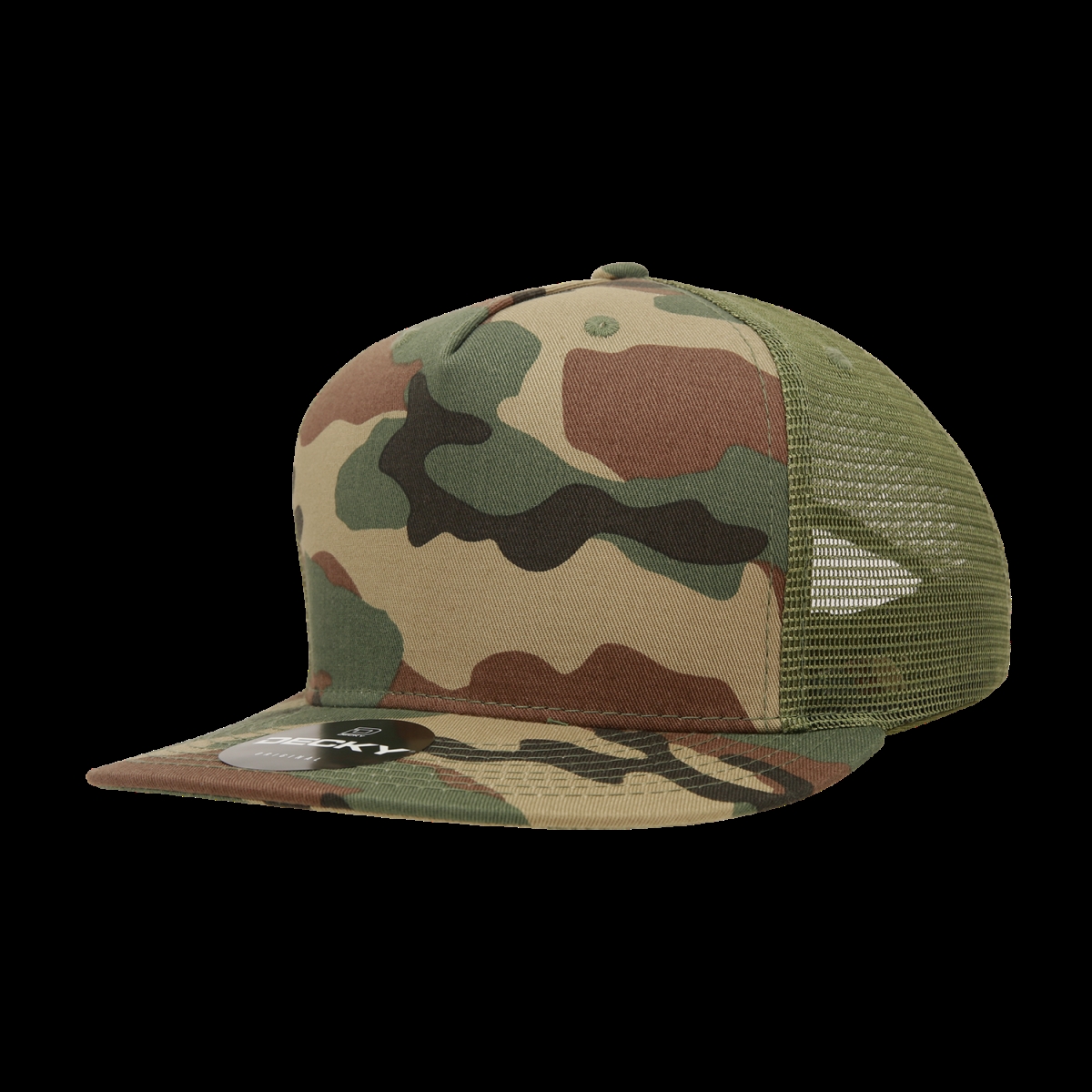 1040-6WDLOLV 5 Panel High Profile Structured Cotton Blend Trucker Cap, Woodland & Olive - One Size Fits Most