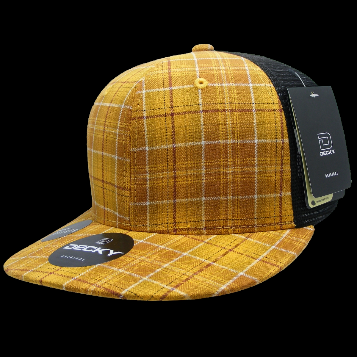 6016-135 6 Panel High Profile Structured Plaid Trucker Hat, 135-Black - One Size Fits Most