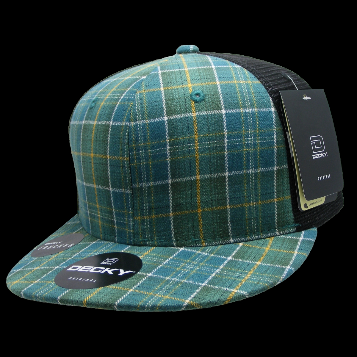6016-139 6 Panel High Profile Structured Plaid Trucker Hat, 139-Black - One Size Fits Most