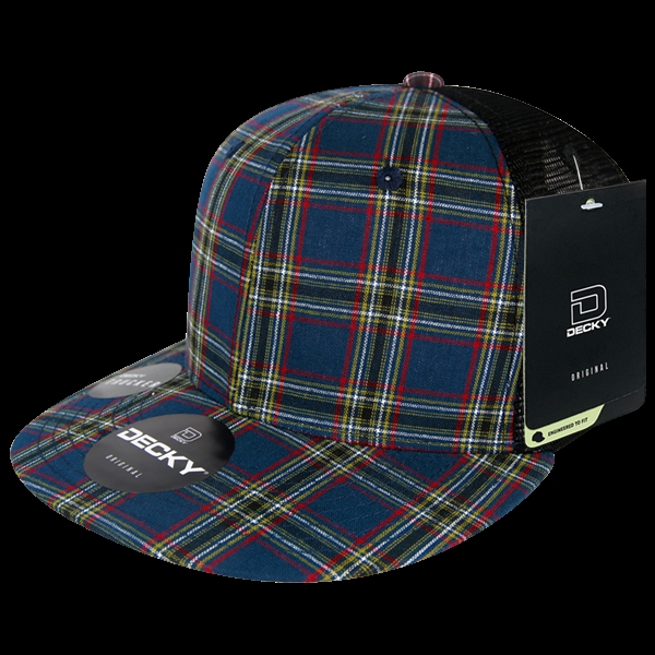 6016-221 6 Panel High Profile Structured Plaid Trucker Hat, 221-Black - One Size Fits Most