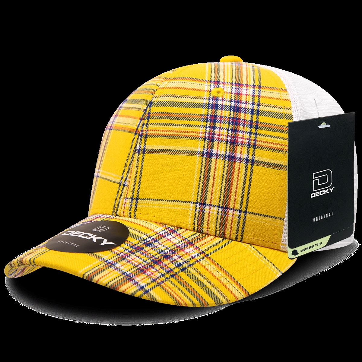 6017-103 6 Panel Mid Profile Structured Plaid Trucker Hat, 103-White - One Size Fits Most