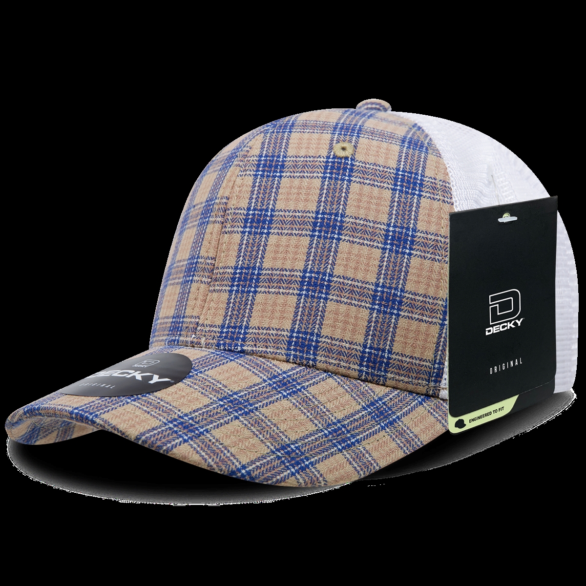 6017-109 6 Panel Mid Profile Structured Plaid Trucker Hat, 109-White - One Size Fits Most