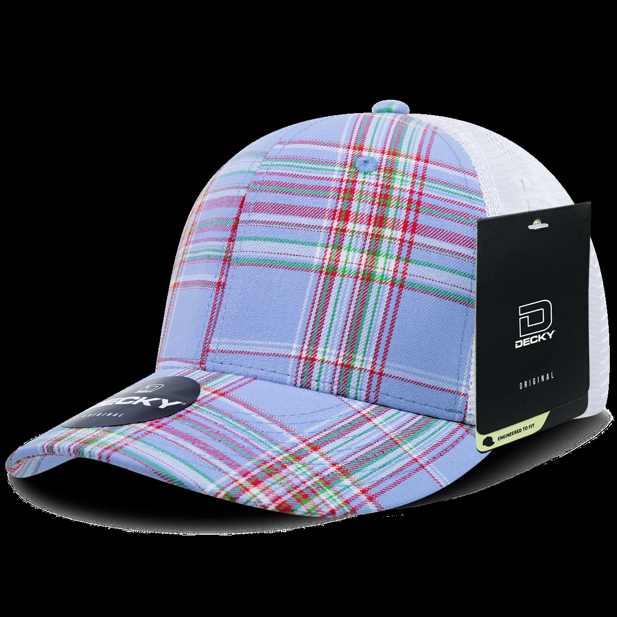 6017-112 6 Panel Mid Profile Structured Plaid Trucker Hat, 112-White - One Size Fits Most