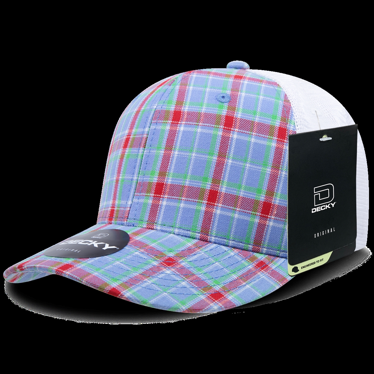 6017-113 6 Panel Mid Profile Structured Plaid Trucker Hat, 113-White - One Size Fits Most