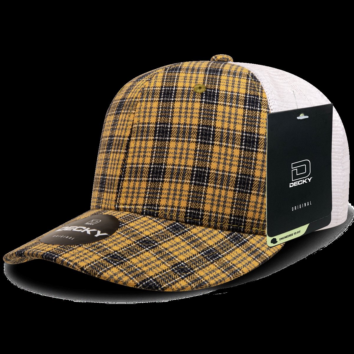 6017-121 6 Panel Mid Profile Structured Plaid Trucker Hat, 121-White - One Size Fits Most