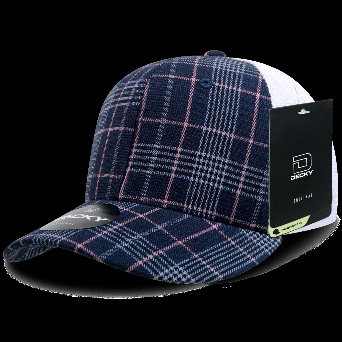 6017-123 6 Panel Mid Profile Structured Plaid Trucker Hat, 123-White - One Size Fits Most