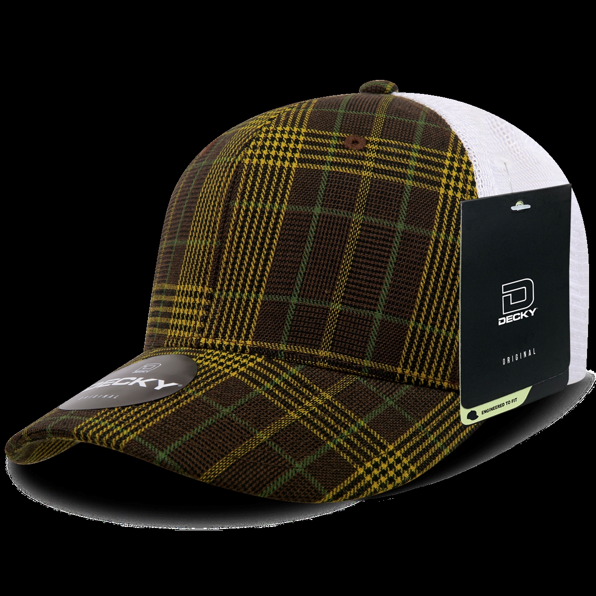 6017-128 6 Panel Mid Profile Structured Plaid Trucker Hat, 128-White - One Size Fits Most