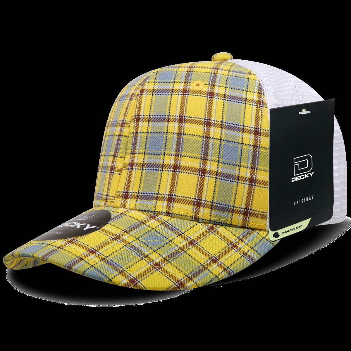 6017-136 6 Panel Mid Profile Structured Plaid Trucker Hat, 136-White - One Size Fits Most