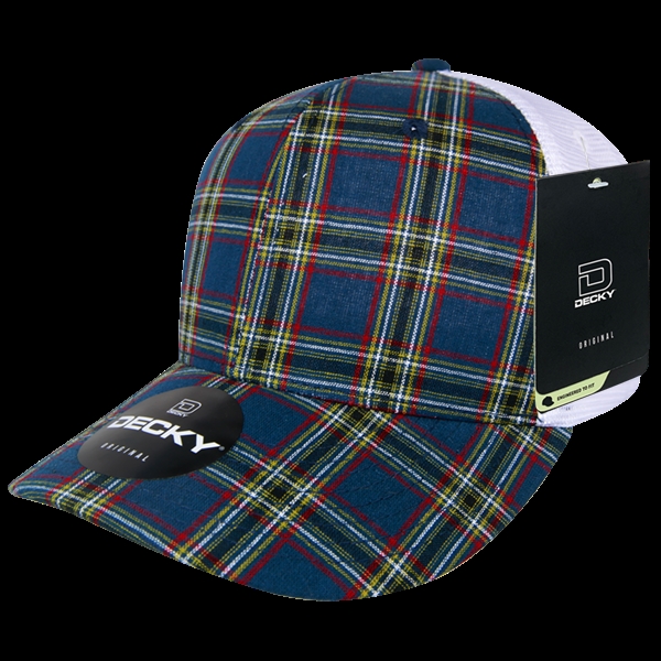 6017-221 6 Panel Mid Profile Structured Plaid Trucker Hat, 221-White - One Size Fits Most