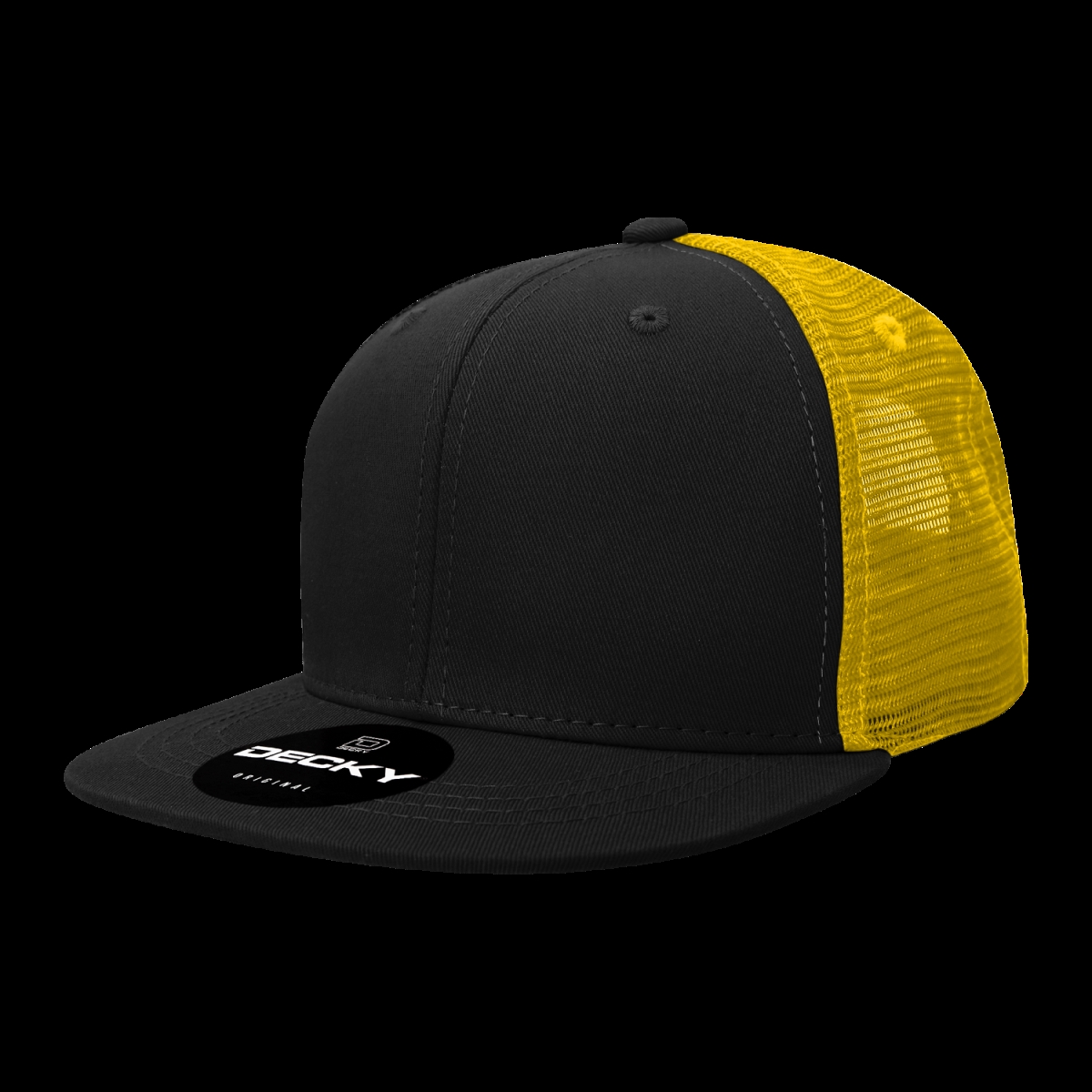 1052-4BLKGLD 6 Panel High Profile Structured Acrylic & Polyester Trucker Cap, Black & Gold - One Size Fits Most