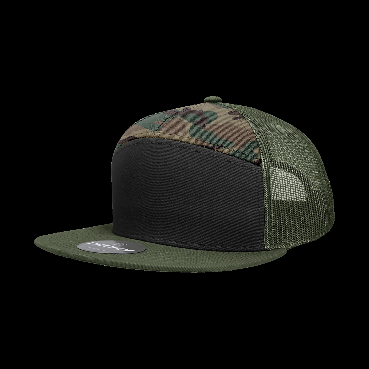 1133-BLKWDLOLV 7 Panel High Profile Structured Cotton Blend Trucker Cap, Black, Woodland & Olive - One Size Fits Most