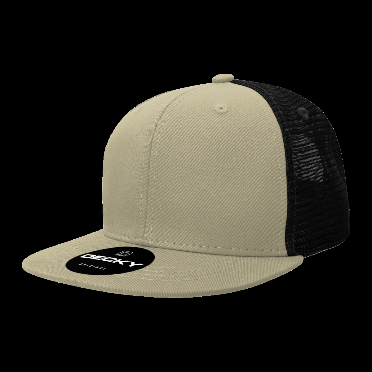 6033-4KHABLK 6 Panel High Profile Structured Cotton Blend Trucker Cap, Khaki & Black - One Size Fits Most