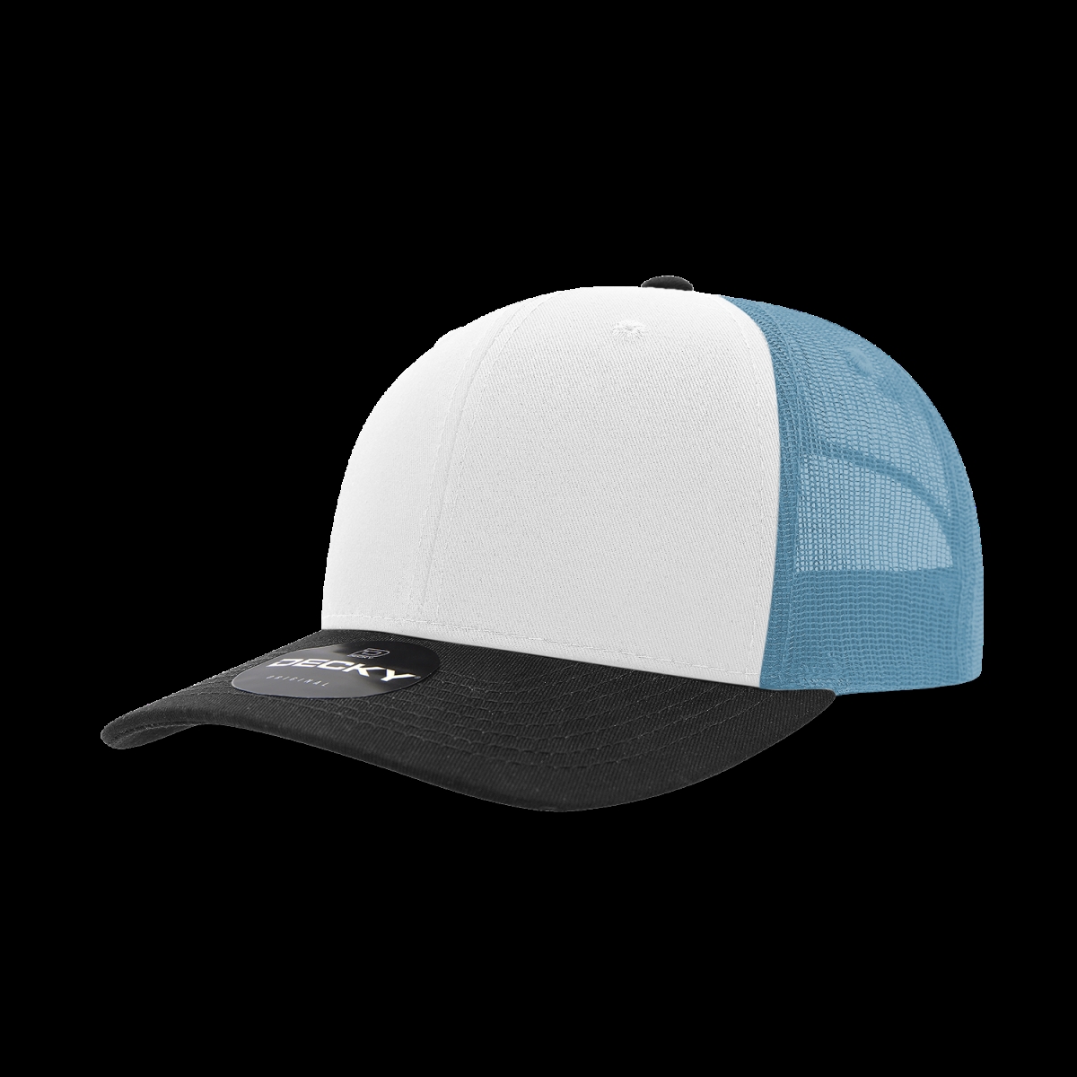 6021-3BLKWHTSKY 6 Panel Mid Profile Structured Cotton Blend Trucker Cap, Black, White & Sky - One Size Fits Most
