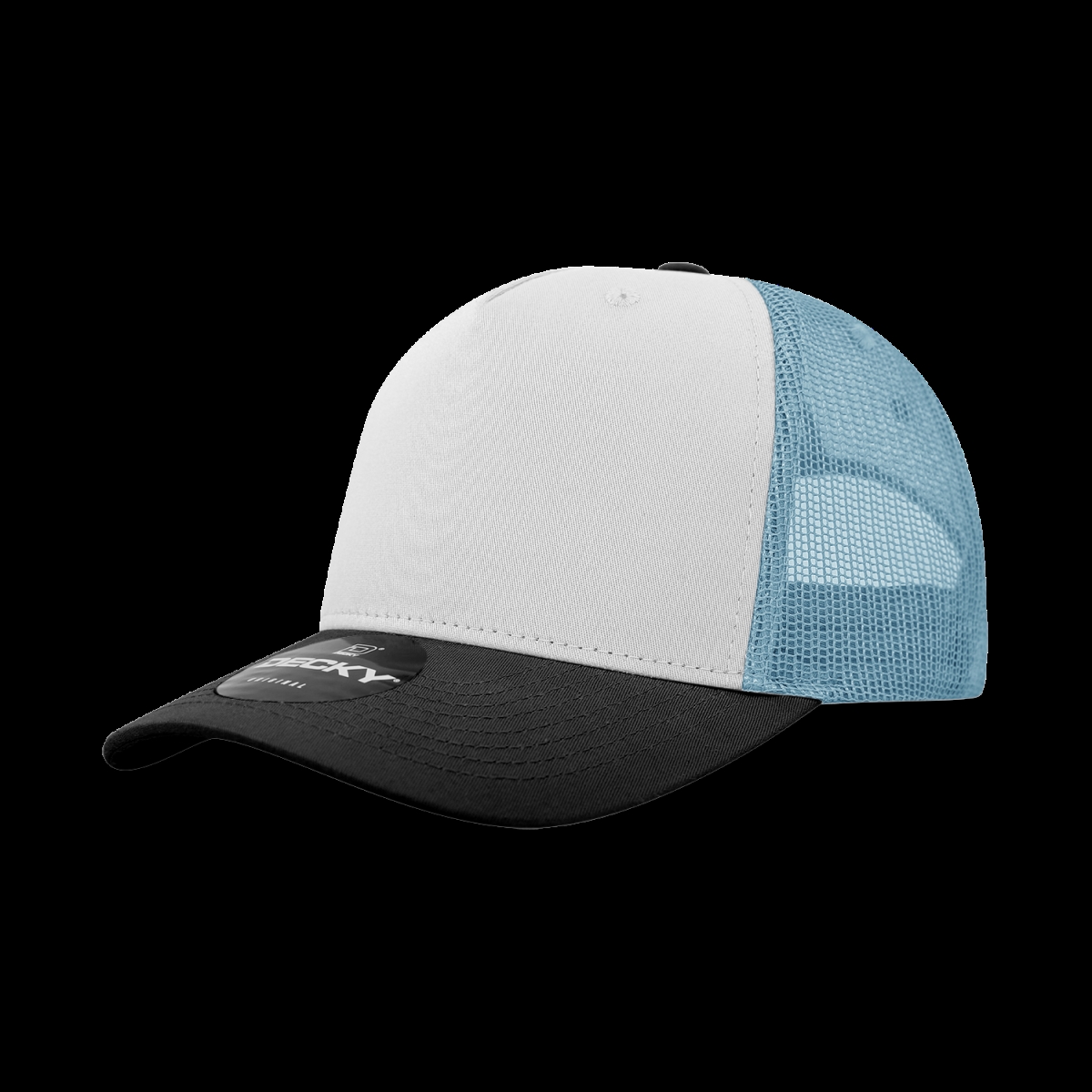 6030-3BLKWHTSKY 5 Panel Mid Profile Structured Cotton Blend Trucker Cap, Black, White & Sky - One Size Fits Most