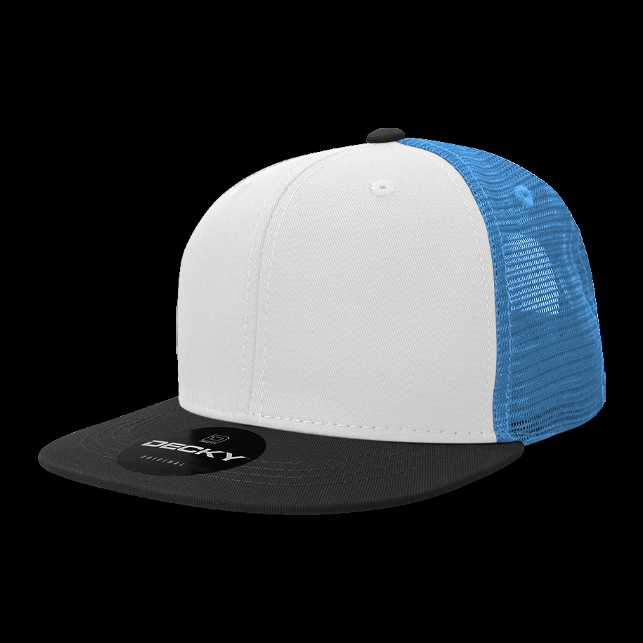 6033-3BLKWHTSKY 6 Panel High Profile Structured Cotton Blend Trucker Cap, Black & White & Sky - One Size Fits Most