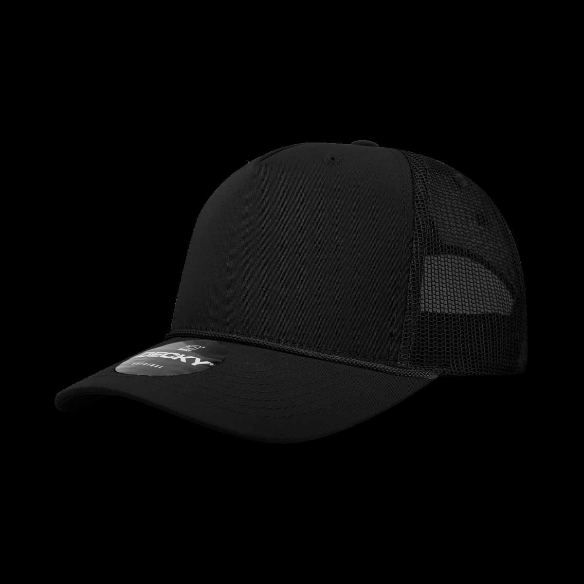 6040-1BLK 5 Panel High Profile Structured Cotton & Poly Blend Trucker Cap with Rope, Black - One Size Fits Most