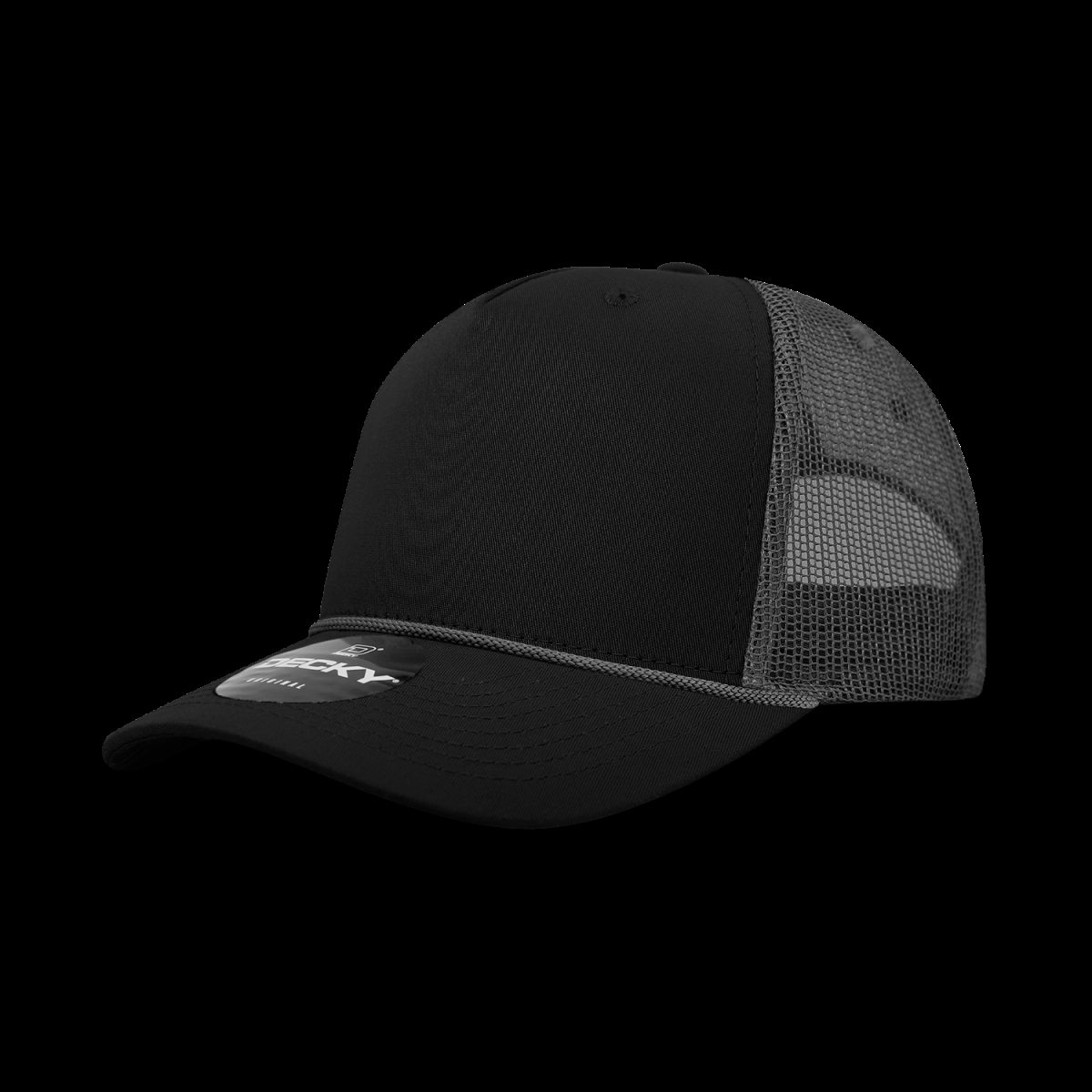 6040-4BLKCHA 5 Panel High Profile Structured Cotton & Poly Blend Trucker Cap with Rope, Black & Charcoal - One Size Fits Most