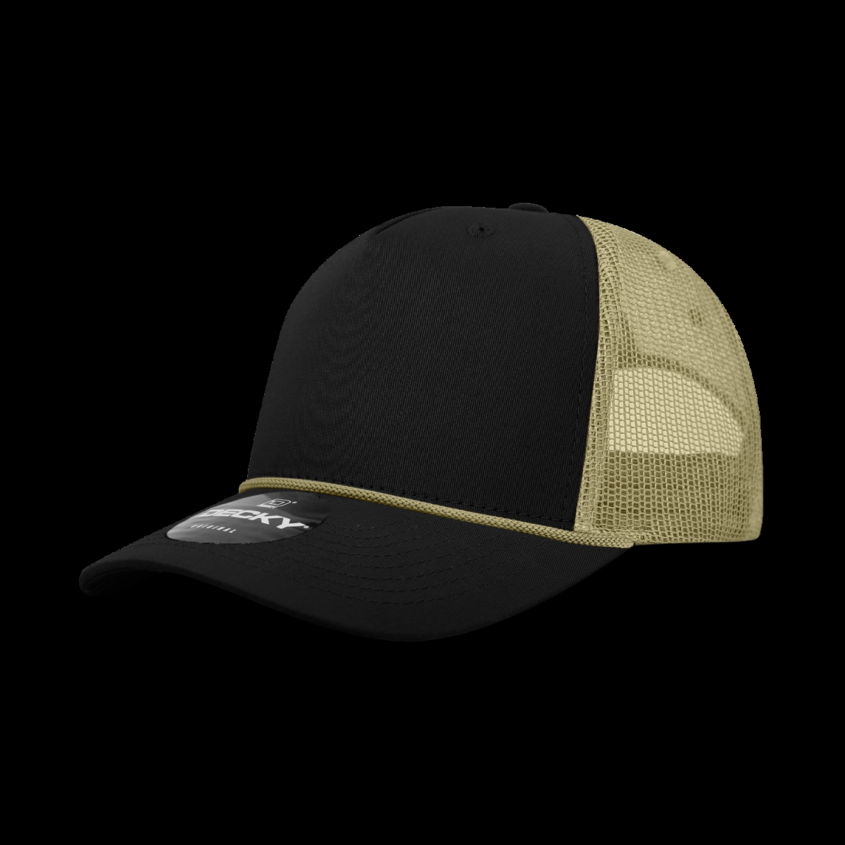 6040-4BLKVGLD 5 Panel High Profile Structured Cotton & Poly Blend Trucker Cap with Rope, Black & Vegas Gold - One Size Fits Most
