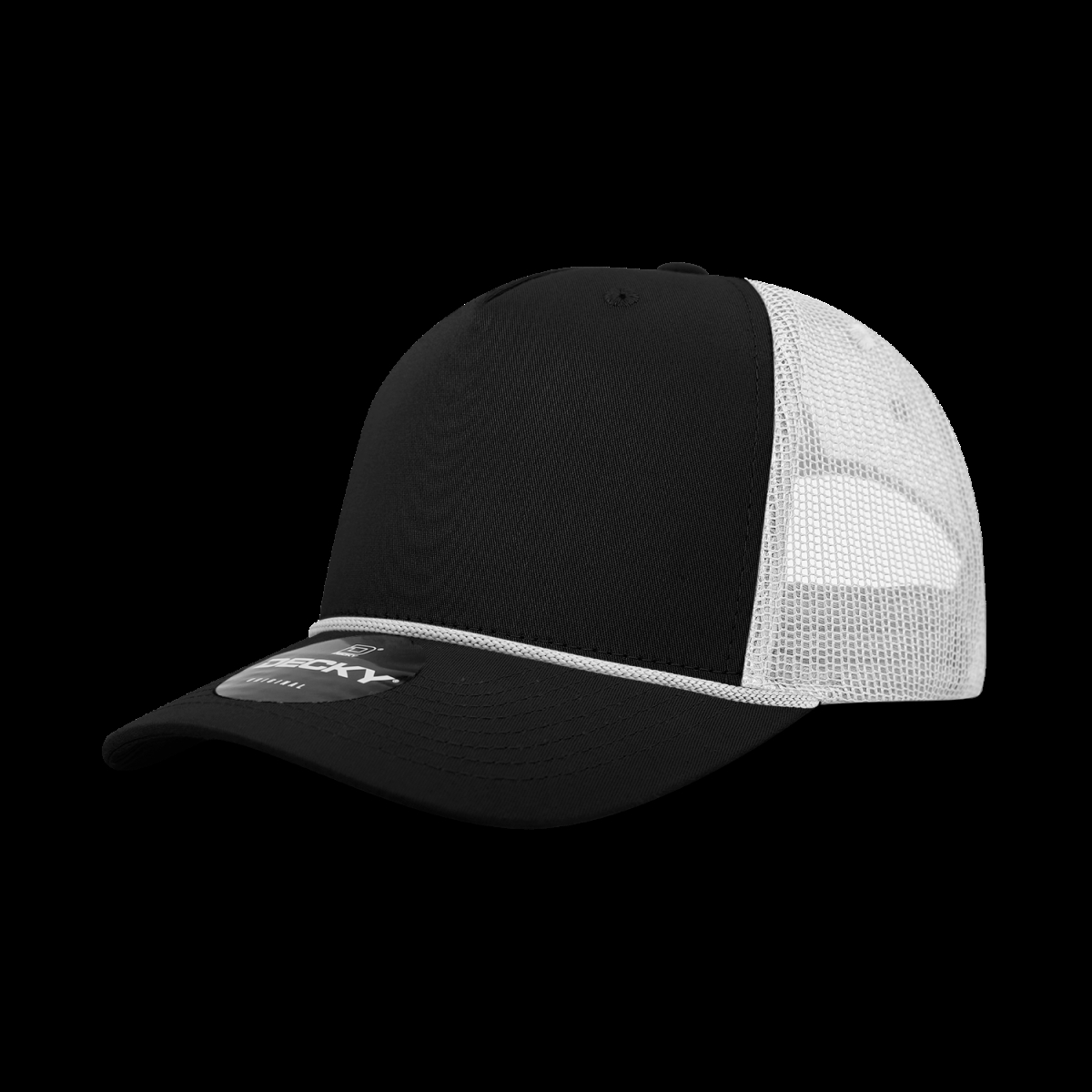 6040-4BLKWHT 5 Panel High Profile Structured Cotton & Poly Blend Trucker Cap with Rope, Black & White - One Size Fits Most
