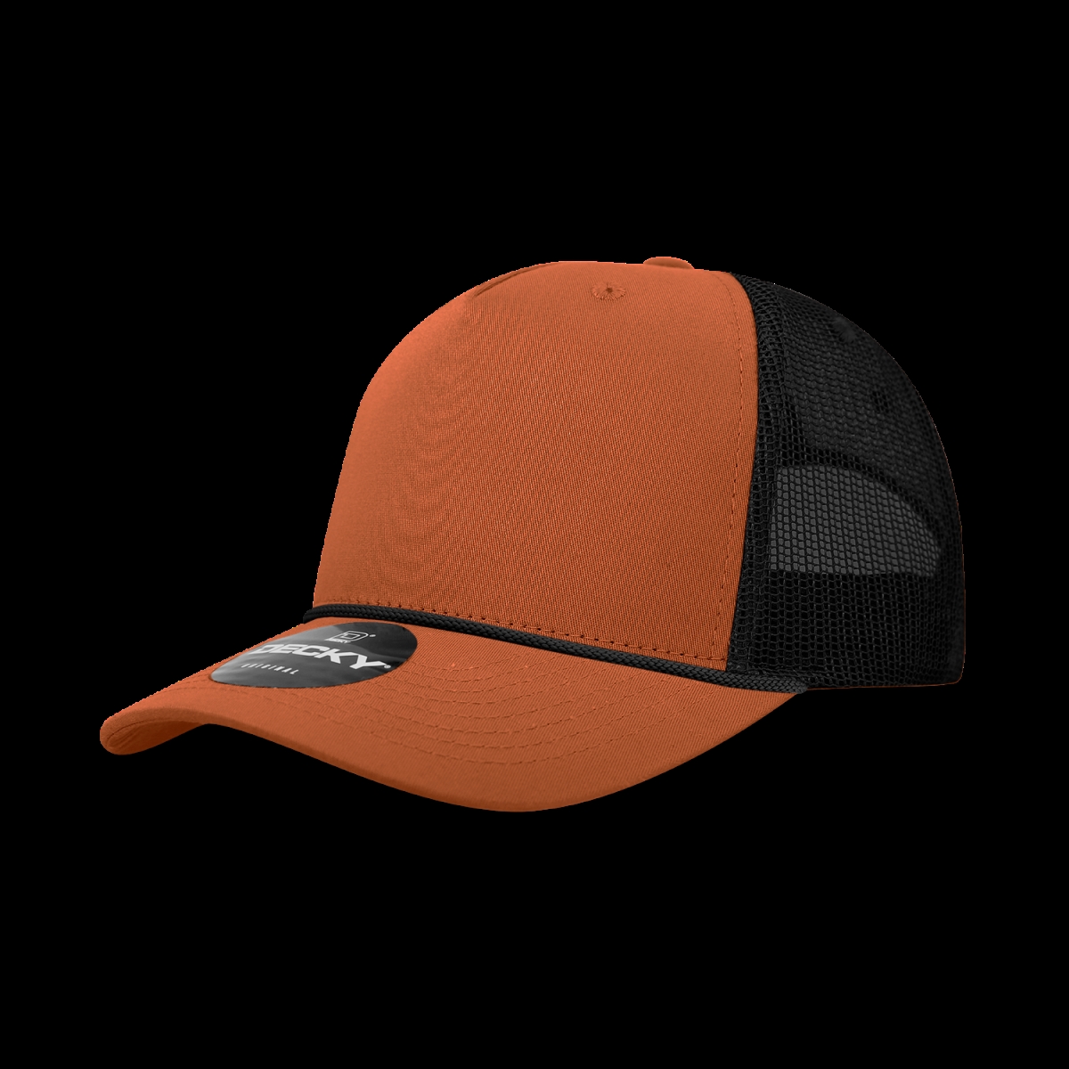 6040-4BORBLK 5 Panel High Profile Structured Cotton & Poly Blend Trucker Cap with Rope, Burn Orange & Black - One Size Fits Most
