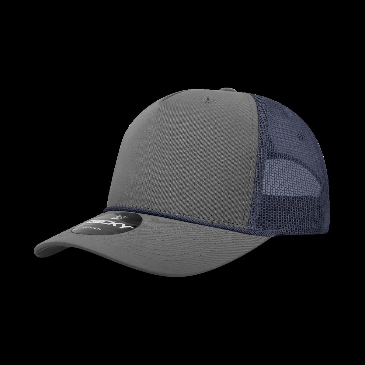 6040-4CHANVY 5 Panel High Profile Structured Cotton & Poly Blend Trucker Cap with Rope, Charcoal & Navy - One Size Fits Most