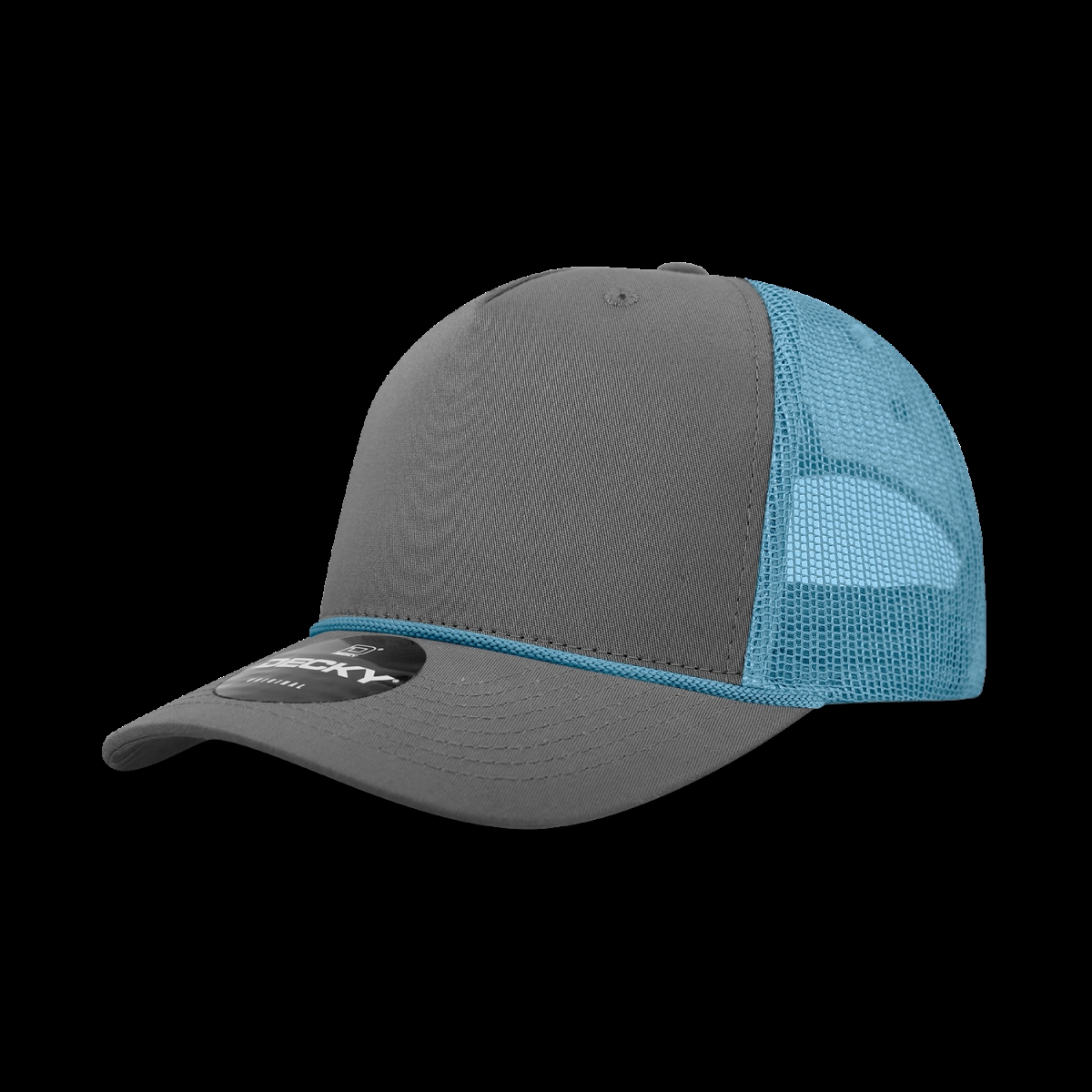 6040-4CHASKY 5 Panel High Profile Structured Cotton & Poly Blend Trucker Cap with Rope, Charcoal & Sky - One Size Fits Most