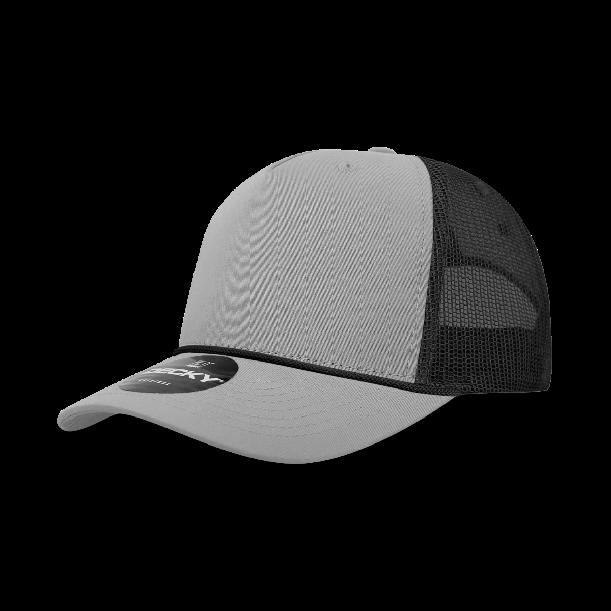 6040-4GRYBLK 5 Panel High Profile Structured Cotton & Poly Blend Trucker Cap with Rope, Grey & Black - One Size Fits Most