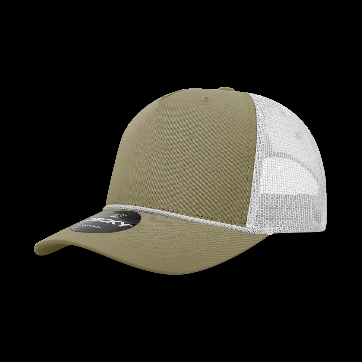 6040-4KHAWHT 5 Panel High Profile Structured Cotton & Poly Blend Trucker Cap with Rope, Khaki & White - One Size Fits Most