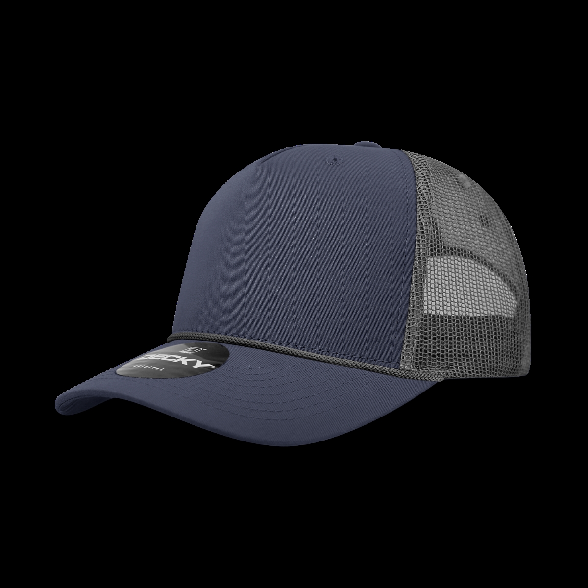 6040-4NVYCHA 5 Panel High Profile Structured Cotton & Poly Blend Trucker Cap with Rope, Navy & Charcoal - One Size Fits Most