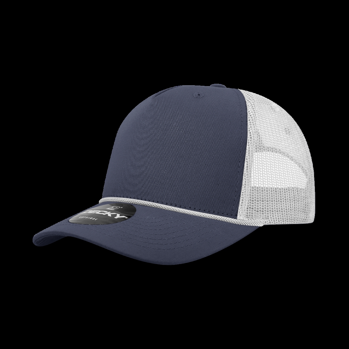 6040-4NVYWHT 5 Panel High Profile Structured Cotton & Poly Blend Trucker Cap with Rope, Navy & White - One Size Fits Most
