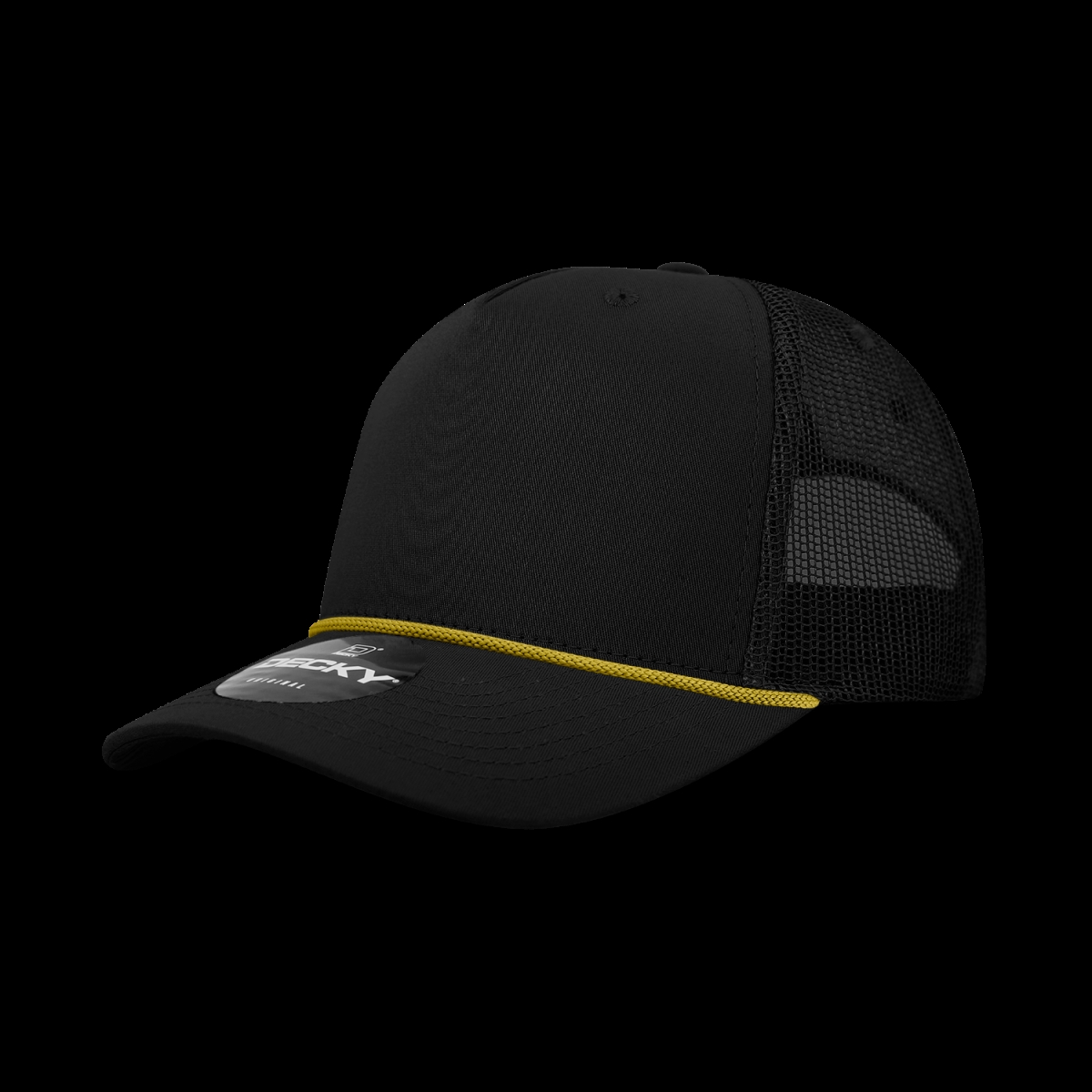 6040-7BLKGLD 5 Panel High Profile Structured Cotton & Poly Blend Trucker Cap with Rope, Black & Gold - One Size Fits Most