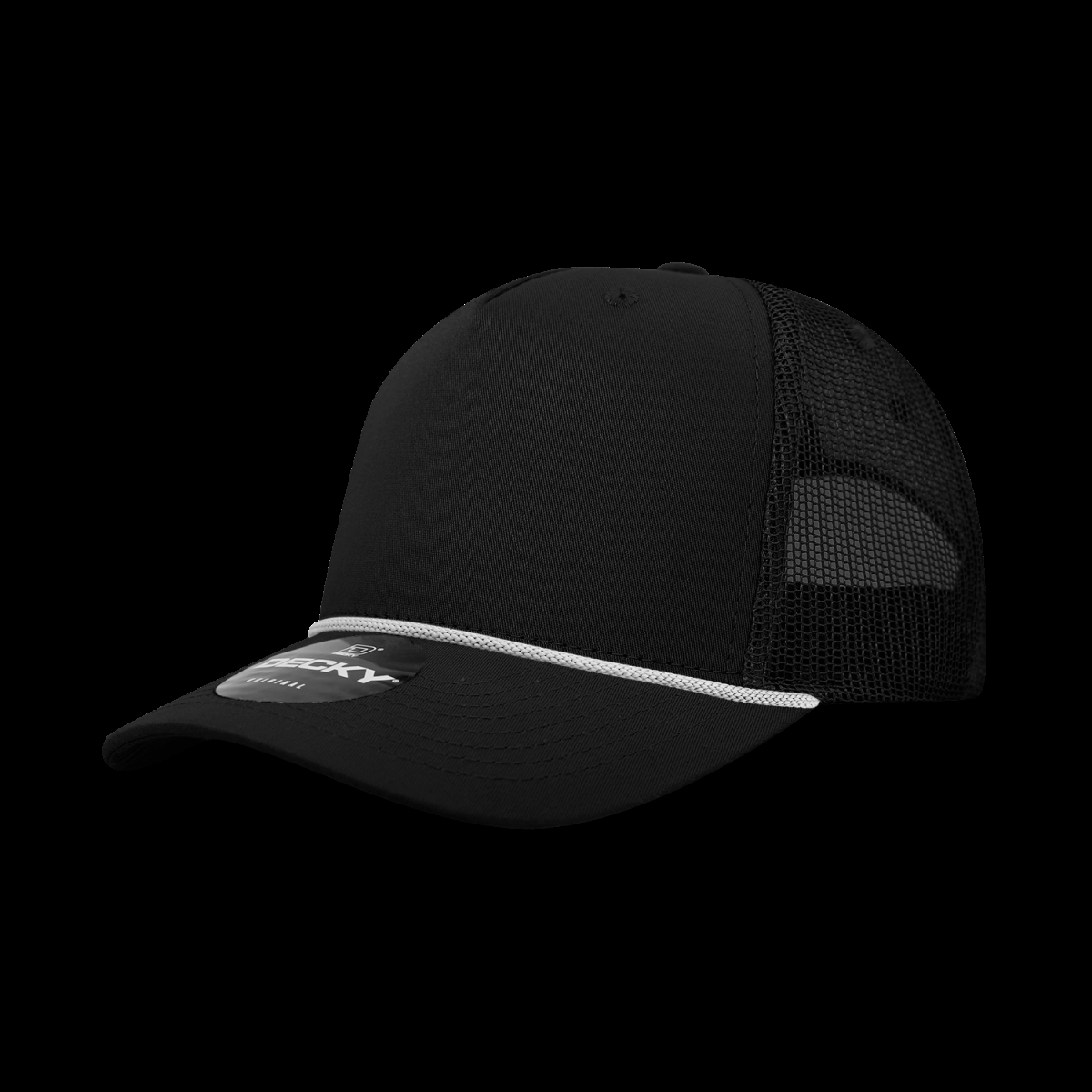 6040-7BLKWHT 5 Panel High Profile Structured Cotton & Poly Blend Trucker Cap with Rope, Black & White - One Size Fits Most