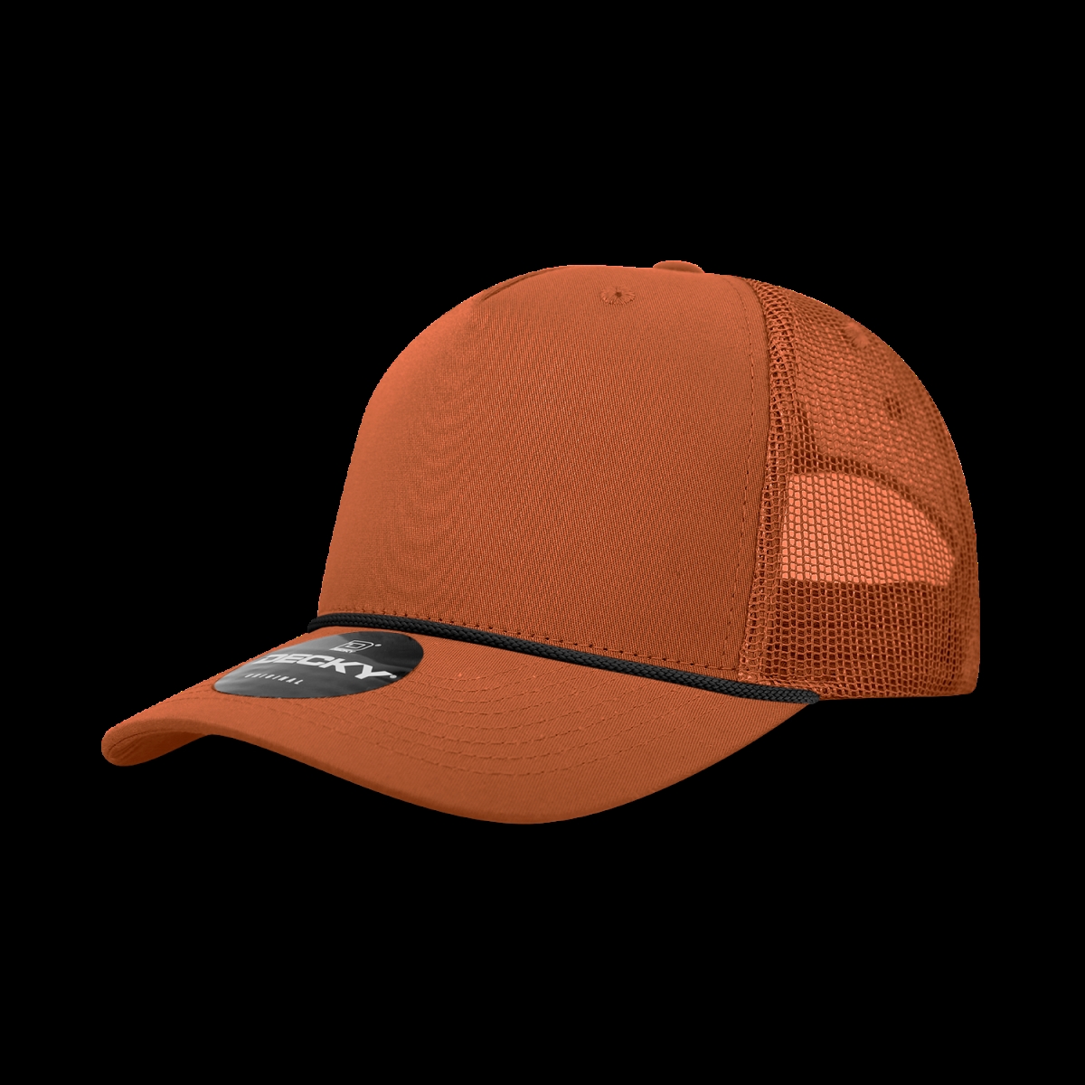 6040-7BORBLK 5 Panel High Profile Structured Cotton & Poly Blend Trucker Cap with Rope, Burnt Orange & Black - One Size Fits Most