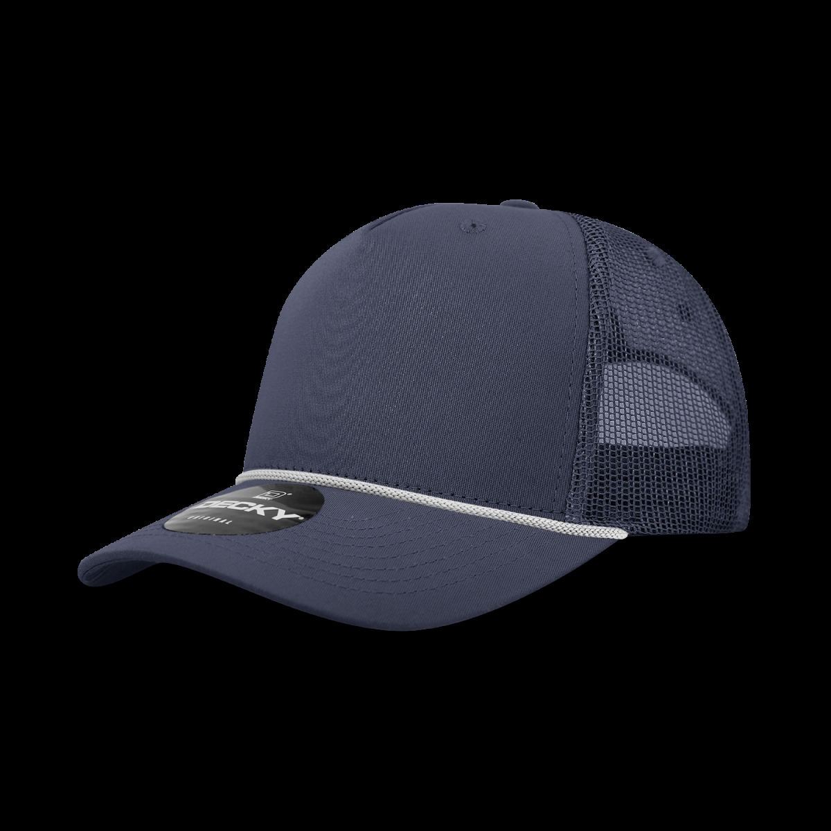 6040-7NVYWHT 5 Panel High Profile Structured Cotton & Poly Blend Trucker Cap with Rope, Navy & White - One Size Fits Most