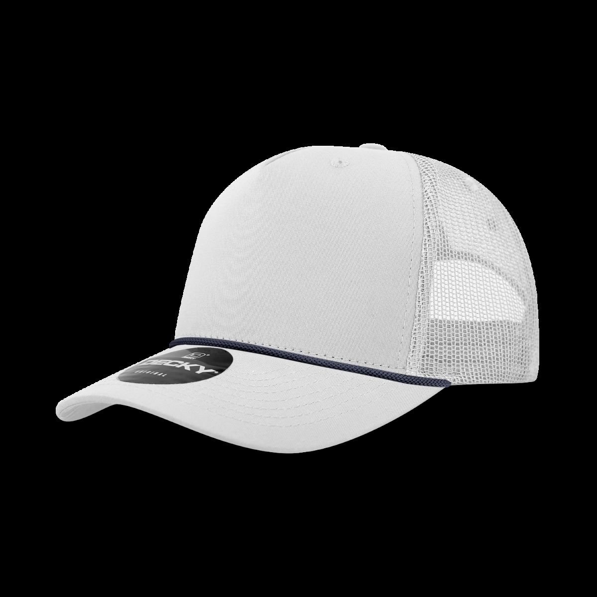 6040-7WHTNVY 5 Panel High Profile Structured Cotton & Poly Blend Trucker Cap with Rope, White & Navy - One Size Fits Most