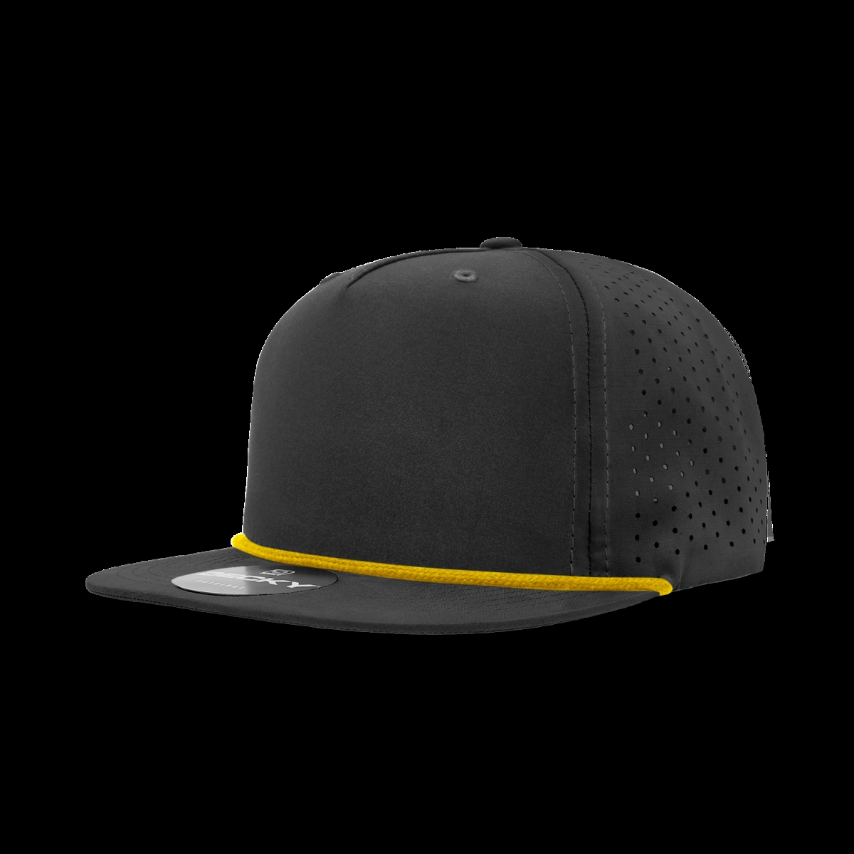 6226-7BLKGLD 5 Panel High Profile Relaxed Perforated Performance Rope Hat, Black & Gold - One Size Fits Most