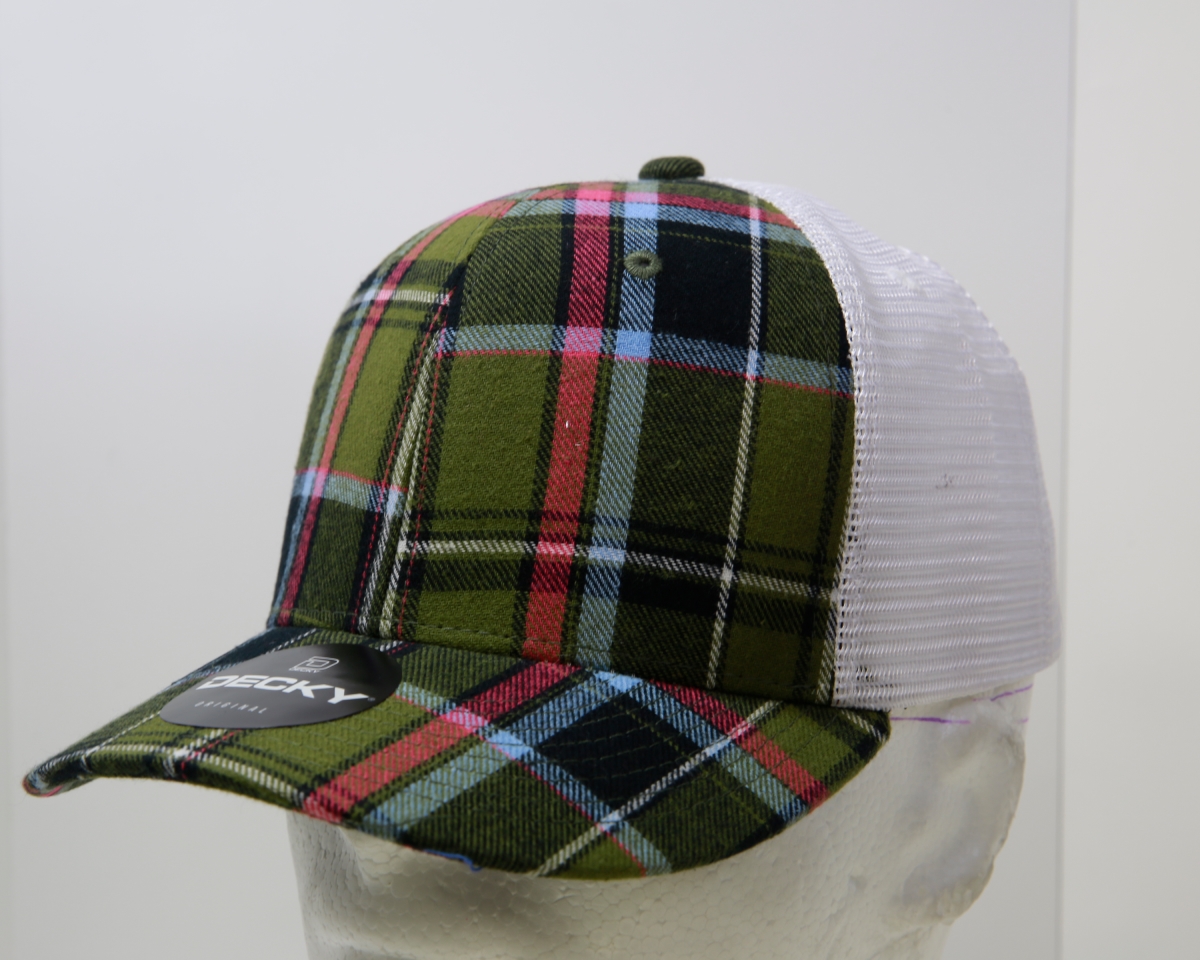 6017-239 6 Panel Mid Profile Structured Plaid Trucker Hat, 239-White - One Size Fits Most
