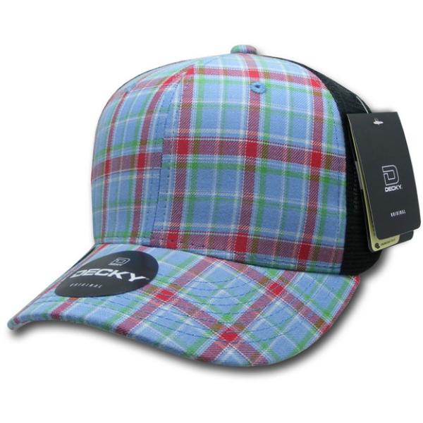 6018-113 6 Panel Mid Profile Structured Plaid Trucker Hat, 113-Black - One Size Fits Most