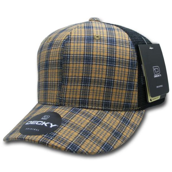 6018-121 6 Panel Mid Profile Structured Plaid Trucker Hat, 121-Black - One Size Fits Most